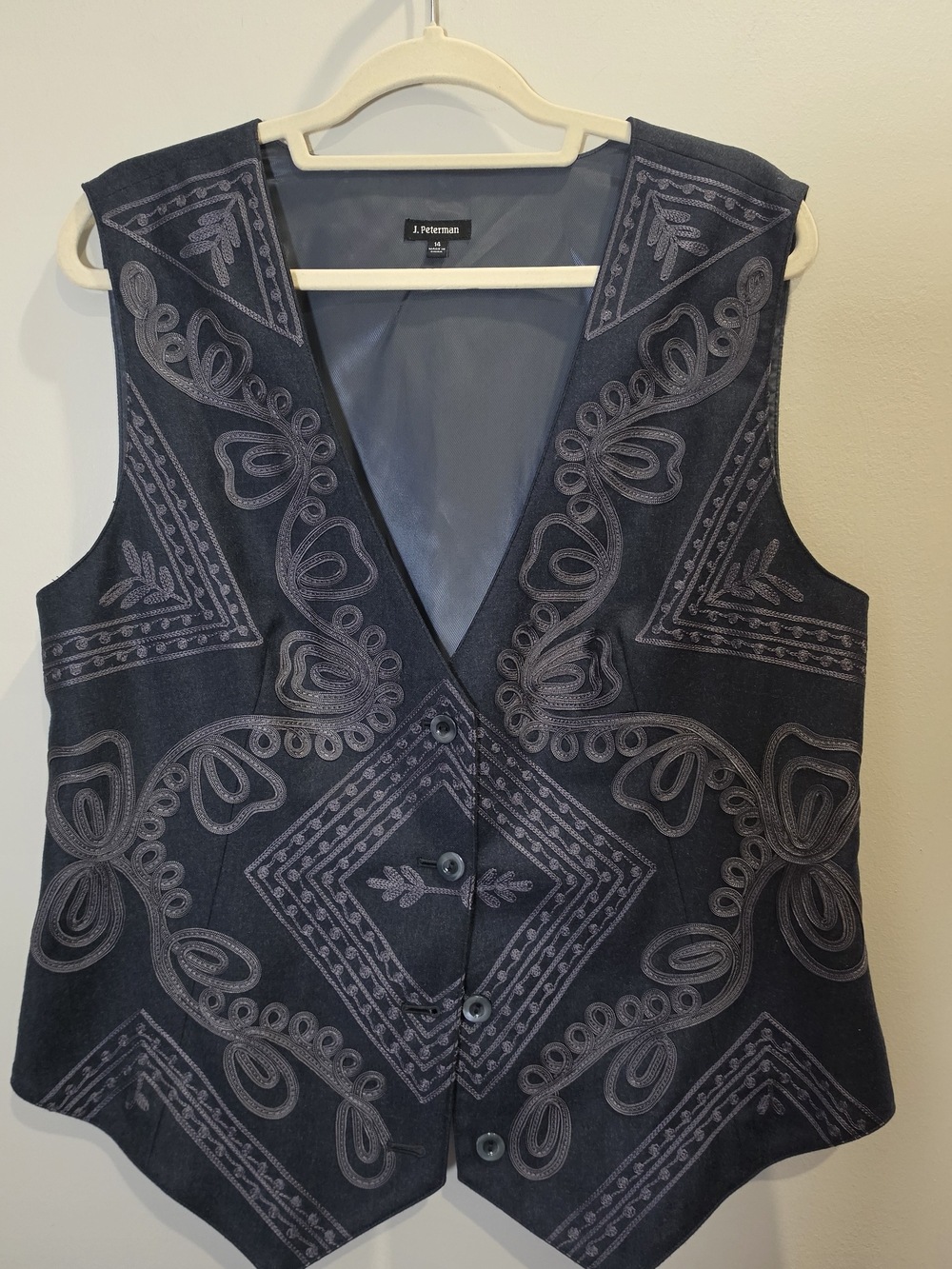 J. Peterman Navy Embroidered V-Neck Vest